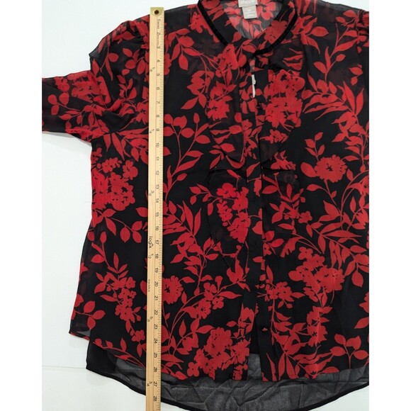 Chico's Red Black Floral Long Sleeve Sheer Ruffle Button Size 3P XL Petite - Picture 8 of 12